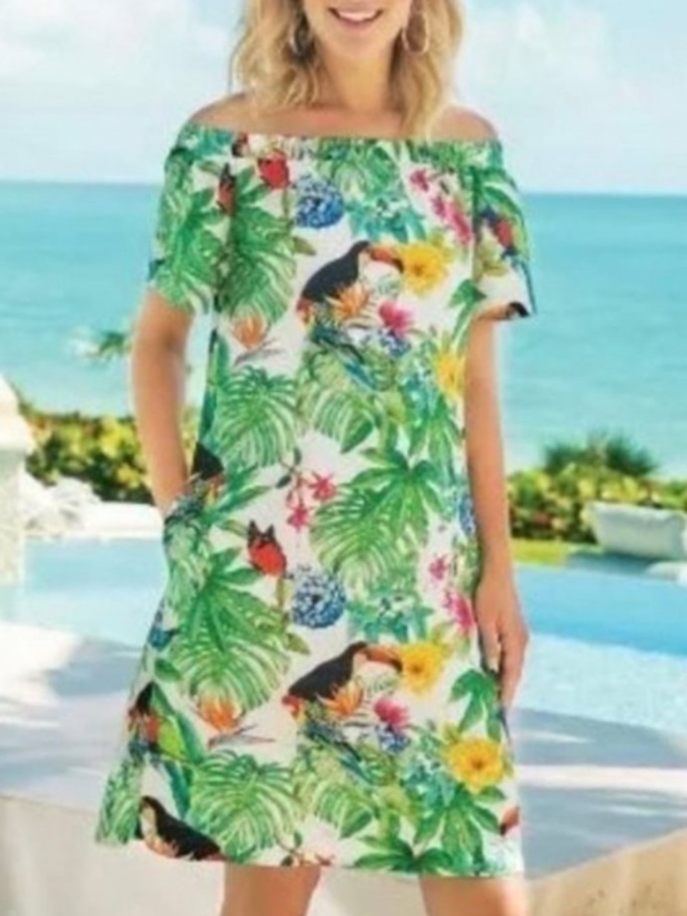 Soft Surroundings Women's Off The Shoulder Palm Tropical Mini Cotton Dress M